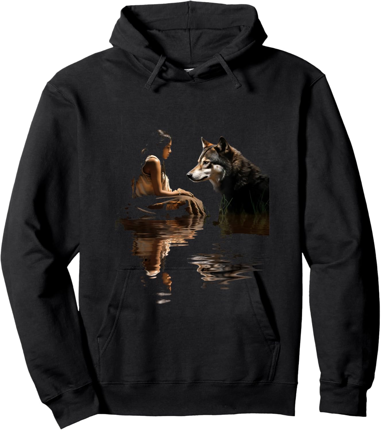 Native American Woman Girl and Wolf In The Lake Indian Hoodie - Hoodie | Black