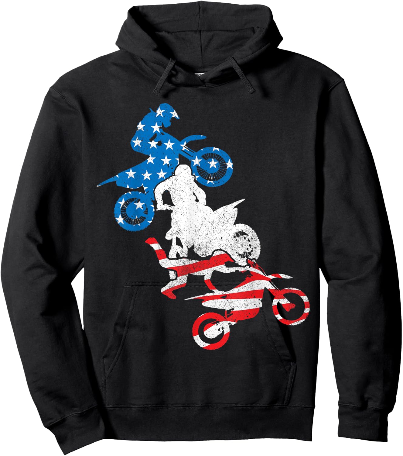 Dirt Bike Rider Blue White Red US Flag Motocross 4th of July Hoodie - Hoodie | Black