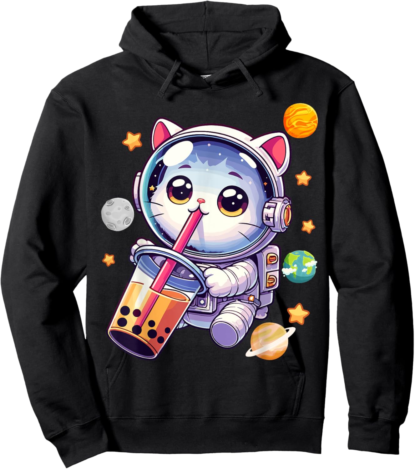 Space Cat Astronaut Boba Tea Boba Cat Galaxy Cute Anime Women Kids Hoodie - Hoodie | Black