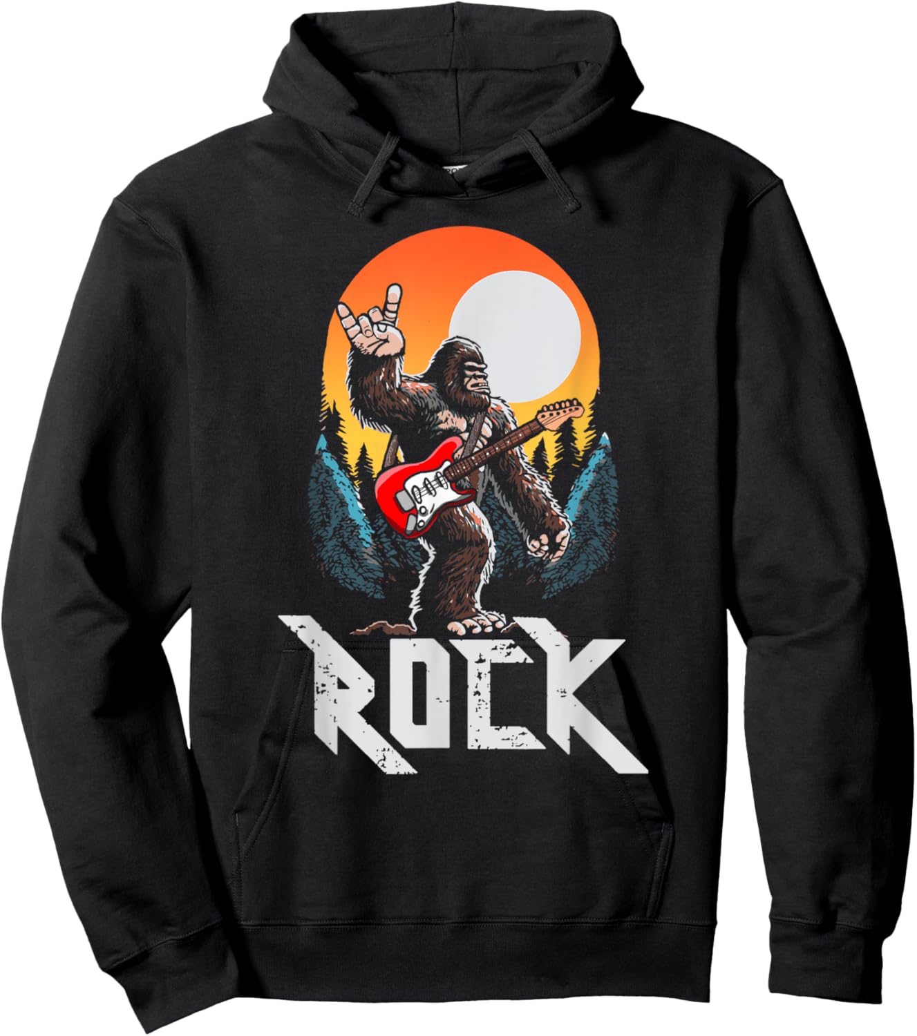 Rock! Sasquatch Rock & Roll Bigfoot Electric Guitar Rock On Hoodie - Hoodie | Black