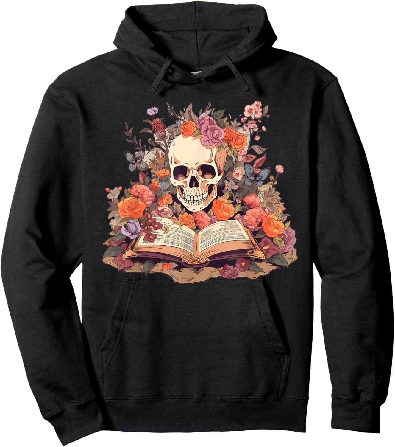 Book Reading Skull Skeleton Flowers Floral Bookish Butterfly Hoodie - Hoodie | Black