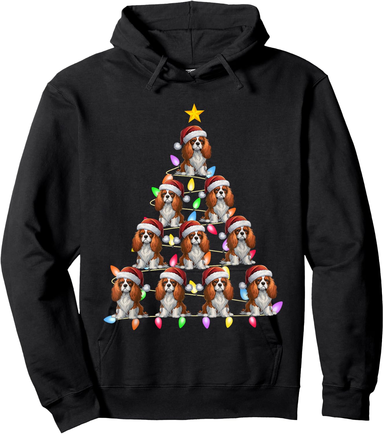Christmas Tree Light Santa Cavalier King Charles Spaniel Dog Men Women Kids Hoodie - Hoodie | Black