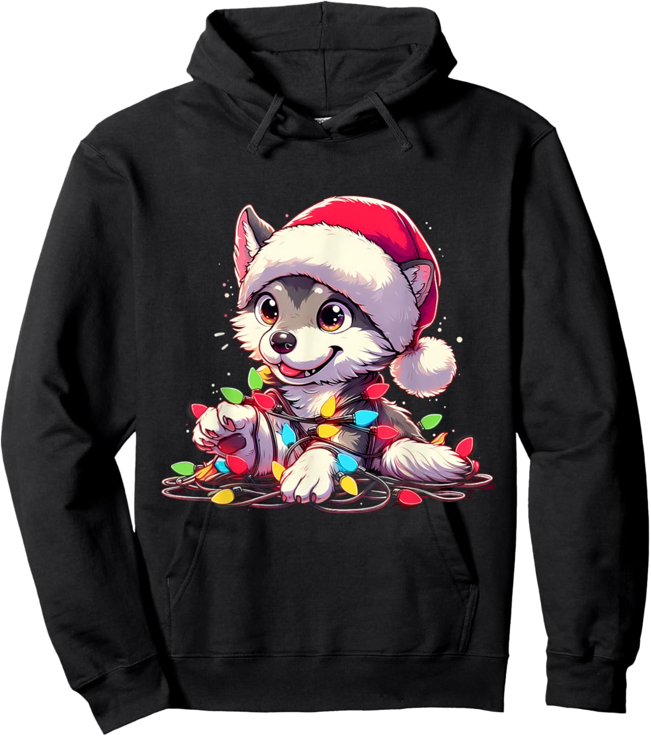 Merry Wolfmas Christmas Lights Cute Wolf Santa Hat Hoodie - Hoodie | Black