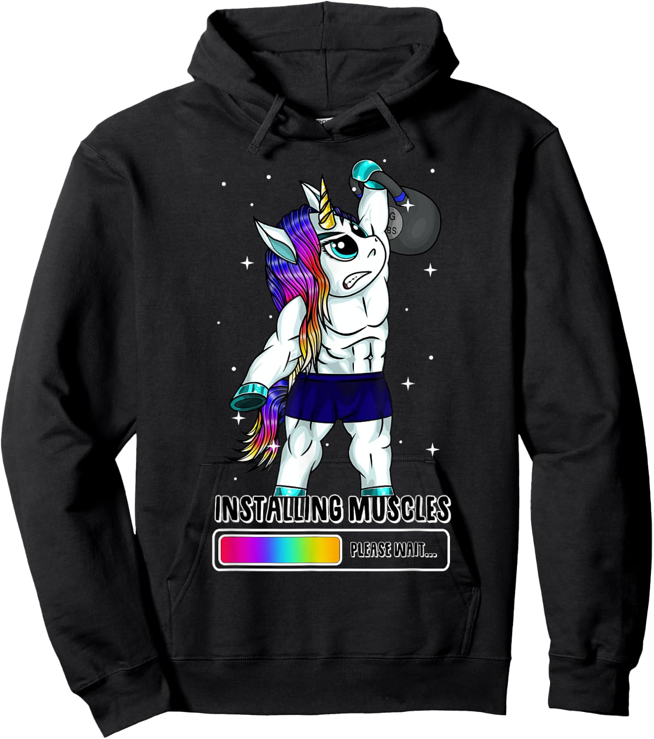 Unicorn Installing Muscles Kettlebell Fun Gym Workout Gift Hoodie - Hoodie | Black