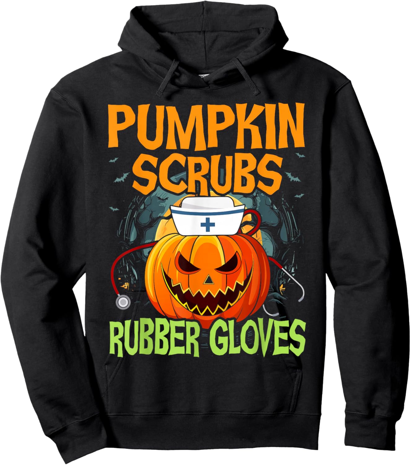 Pumpkin Scrubs Rubber Gloves Halloween Costume Nursing Nurse Hoodie - Hoodie | Black