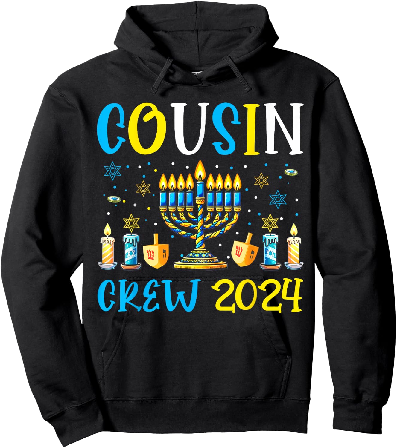 Cousin Crew 2024 Hanukkah Family Costume Menorah Dreidel Hoodie - Hoodie | Black