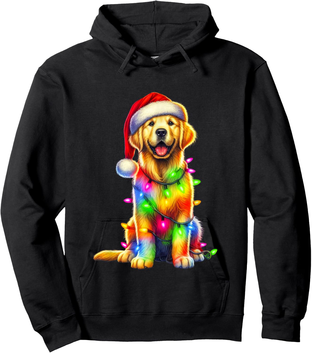 Golden Retriever Christmas Lights Santa Hat Xmas Dog Lover Hoodie - Hoodie | Black