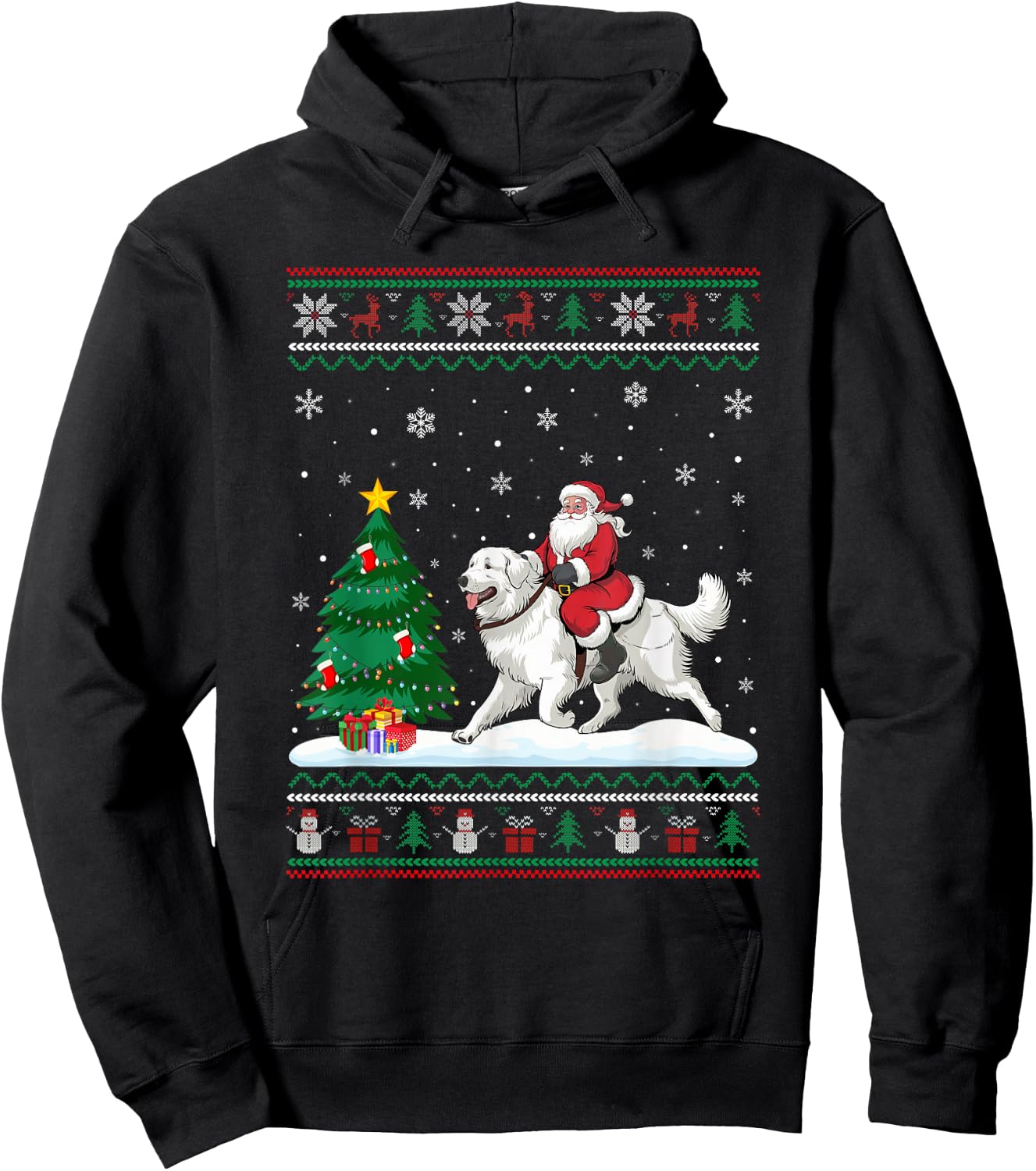 Ugly Christmas Tree Lights Santa Riding Great Pyrenees Dog Hoodie - Hoodie | Black