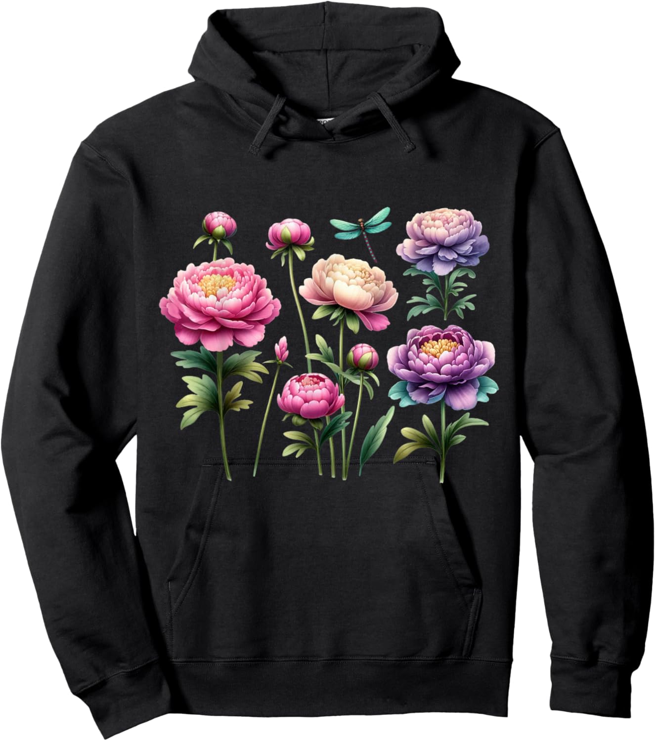 Beautiful Peonies Flowers Blossom Dragonfly Nature Gardener Hoodie - Hoodie | Black