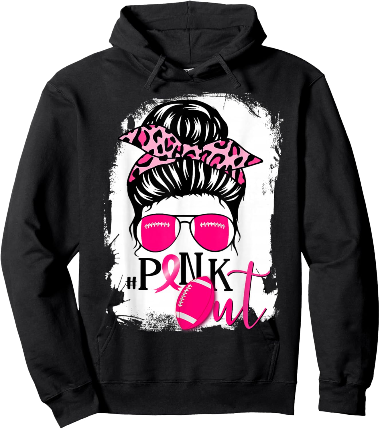 Bleached Pink Out Football Mom Messy Bun Pink Breast Cancer Hoodie - Hoodie | Black