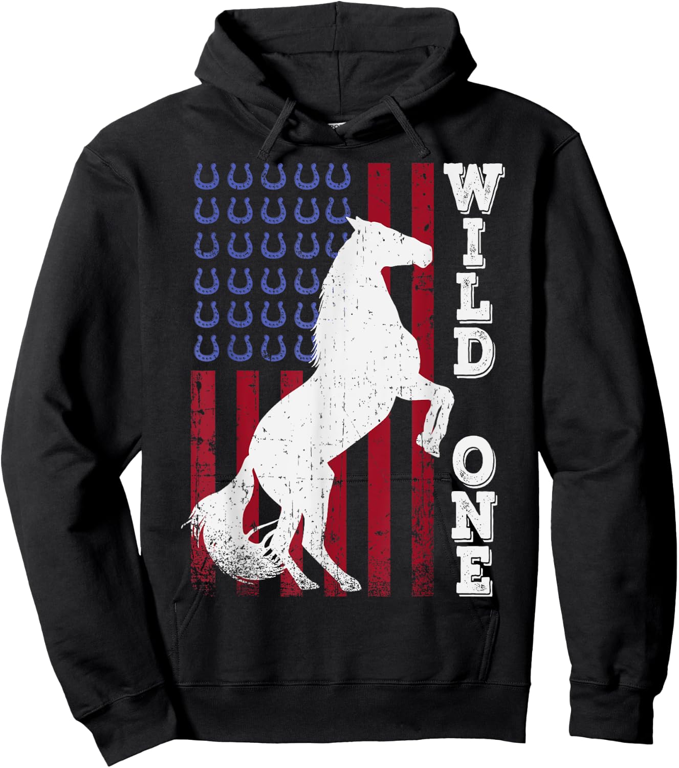 Vintage Grunge American USA Flag Wild One Mustang Horse Hoodie - Hoodie | Black