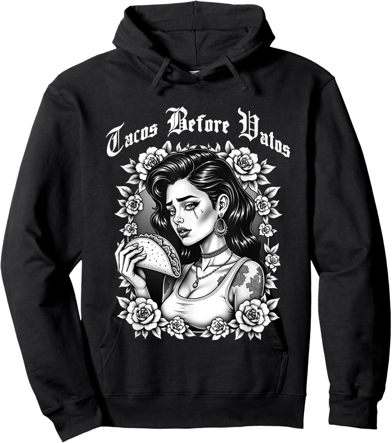 Tacos Before Vatos Sad Chola Latina Chicana Floral Hoodie - Hoodie | Black