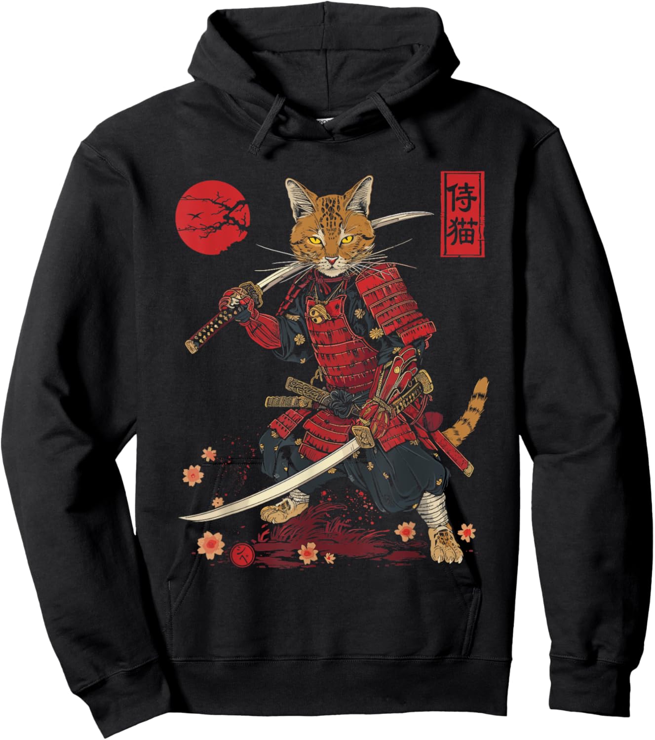 Samurai Cat, Japanese Cat Art Aesthetic, Cat Lover Hoodie - Hoodie | Black