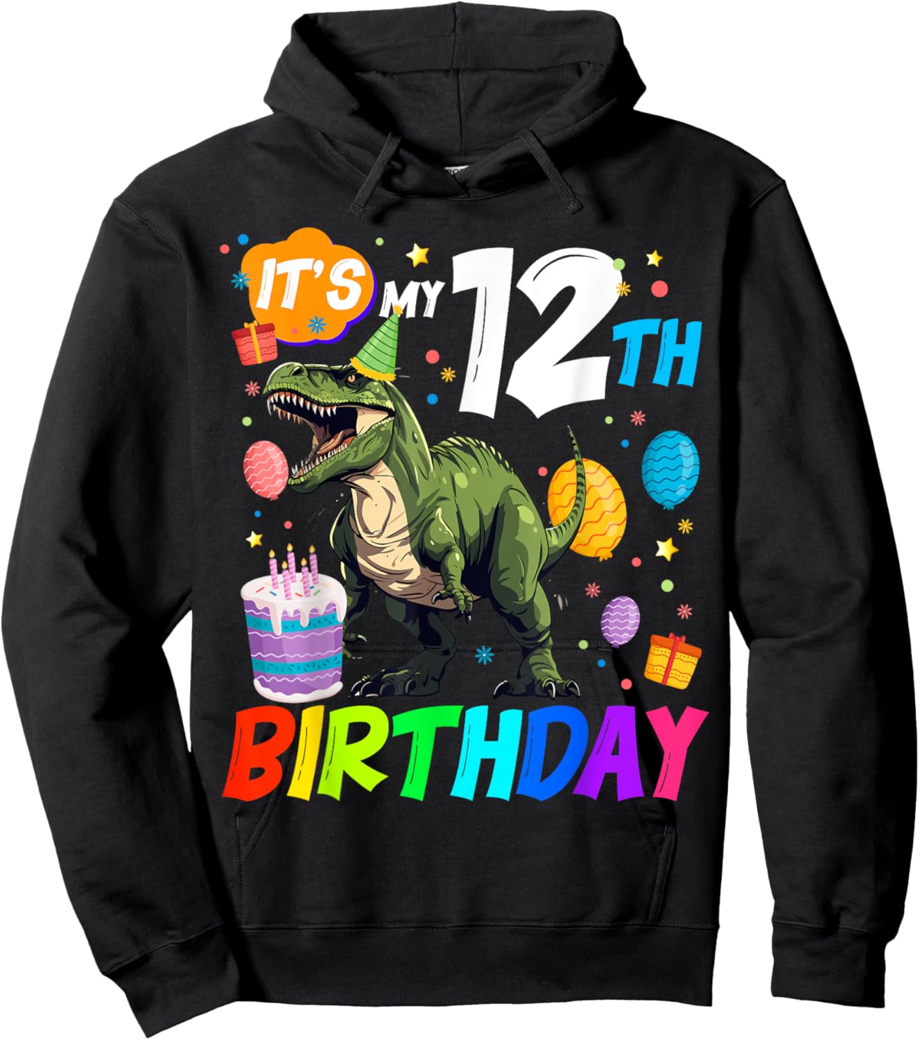It's My 12th Birthday Dinosaur Rawr I'm 12 Year Old Cool Hoodie - Hoodie | Black