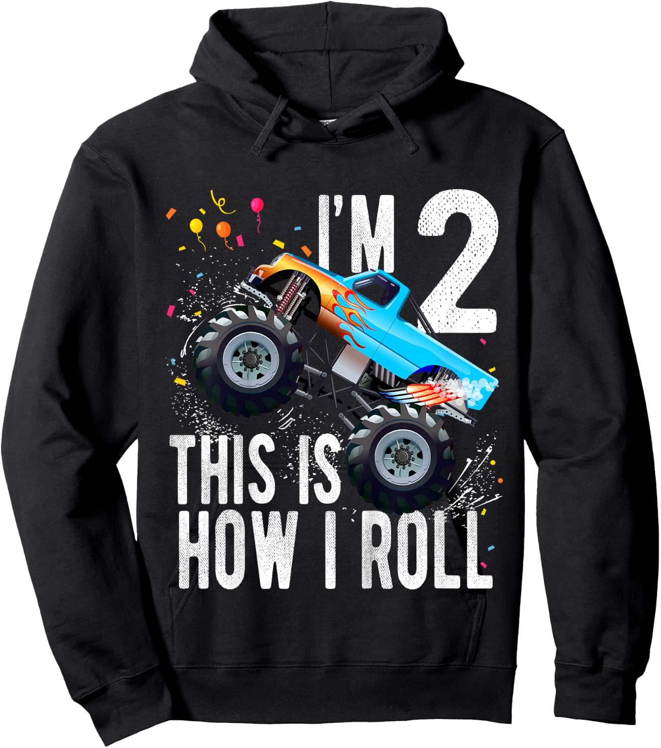 Kids 2 Year Old 2nd Birthday Boy Monster Truck Car Hoodie - Hoodie | Black