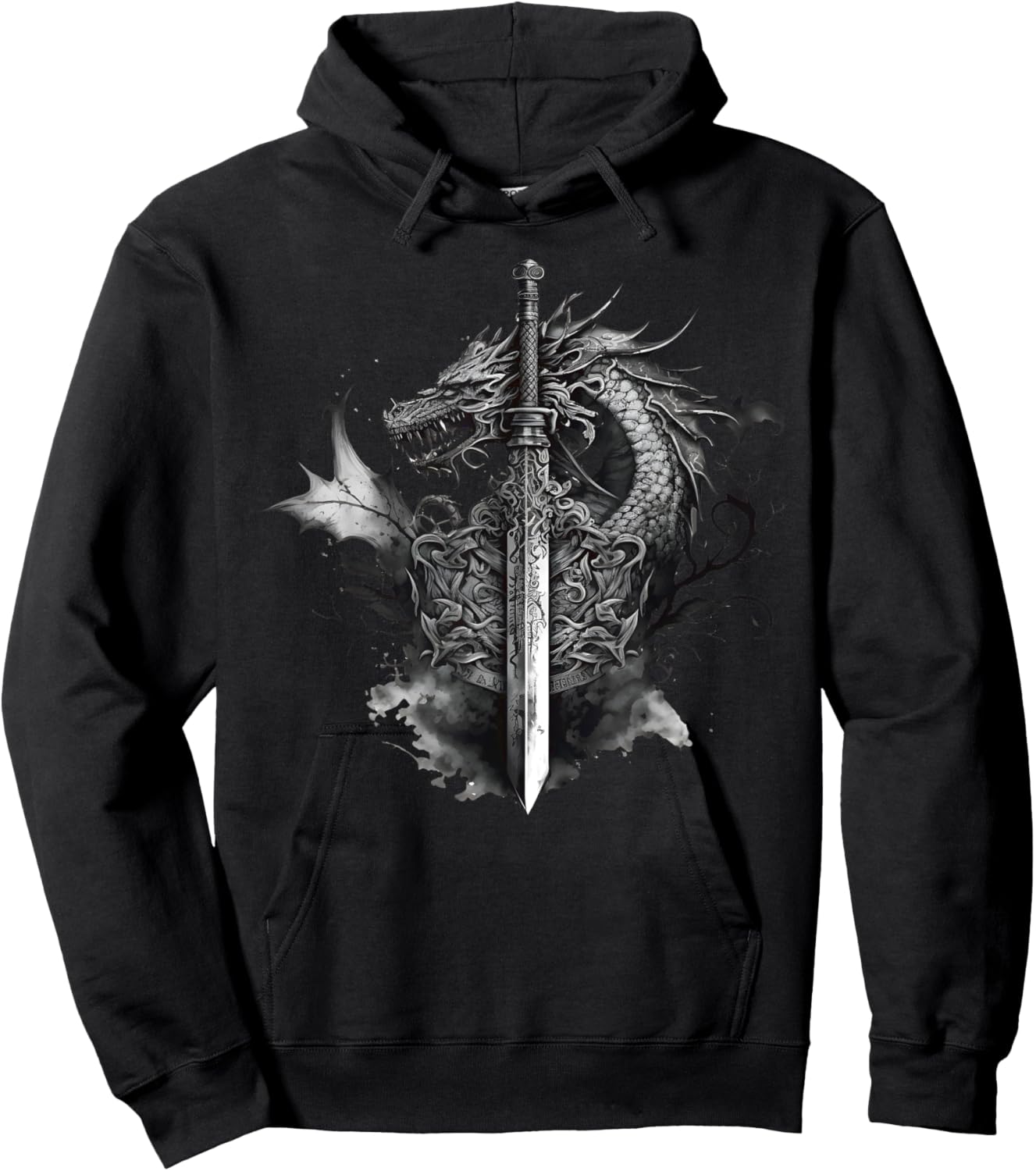Dragon Sword Roses Tattoo Art Style Medieval Dark Fantasy Hoodie - Hoodie | Black