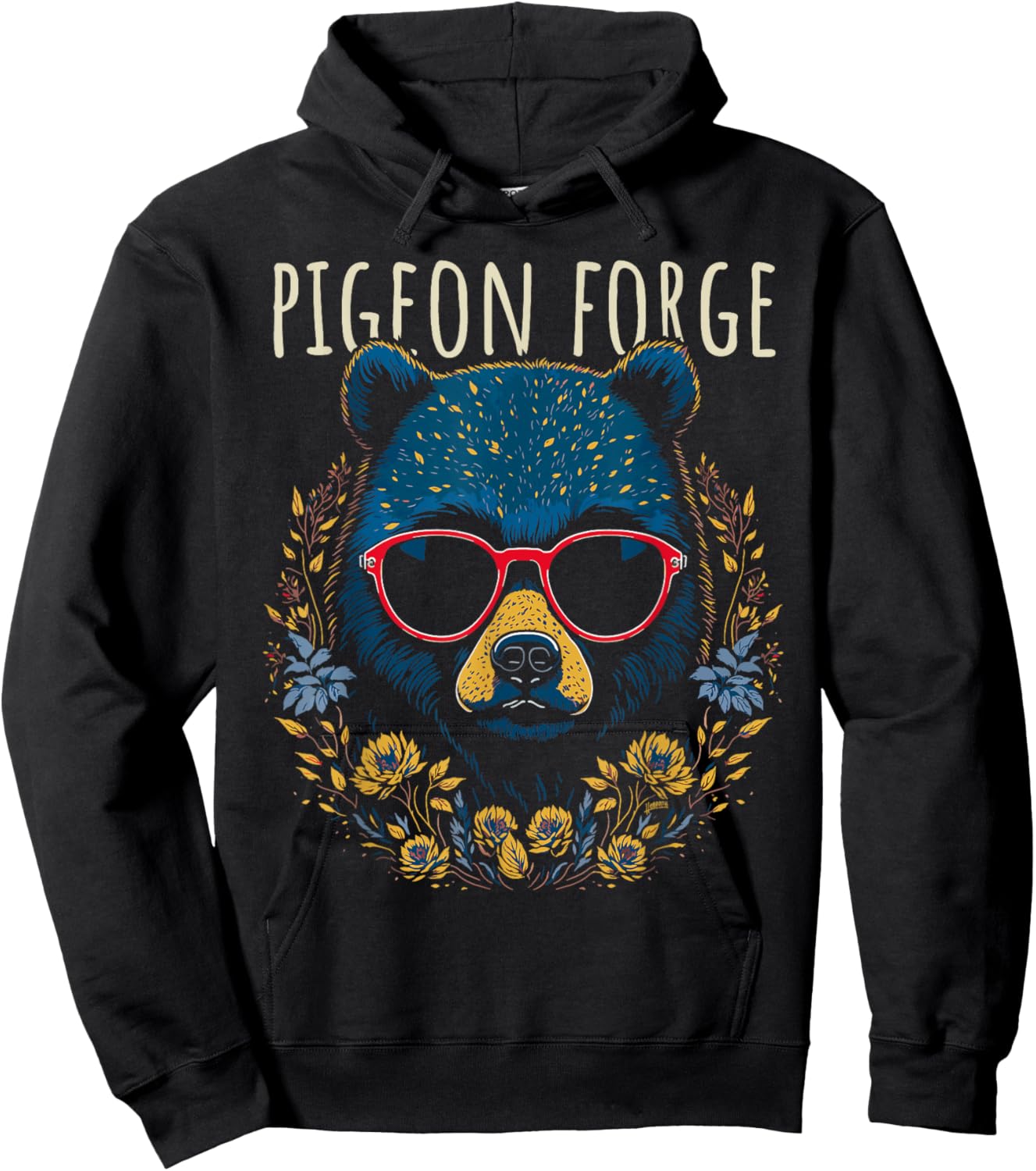 Pigeon Forge TN Fun Bear Wearing Glasses with Flowers Design Hoodie - Hoodie | Black