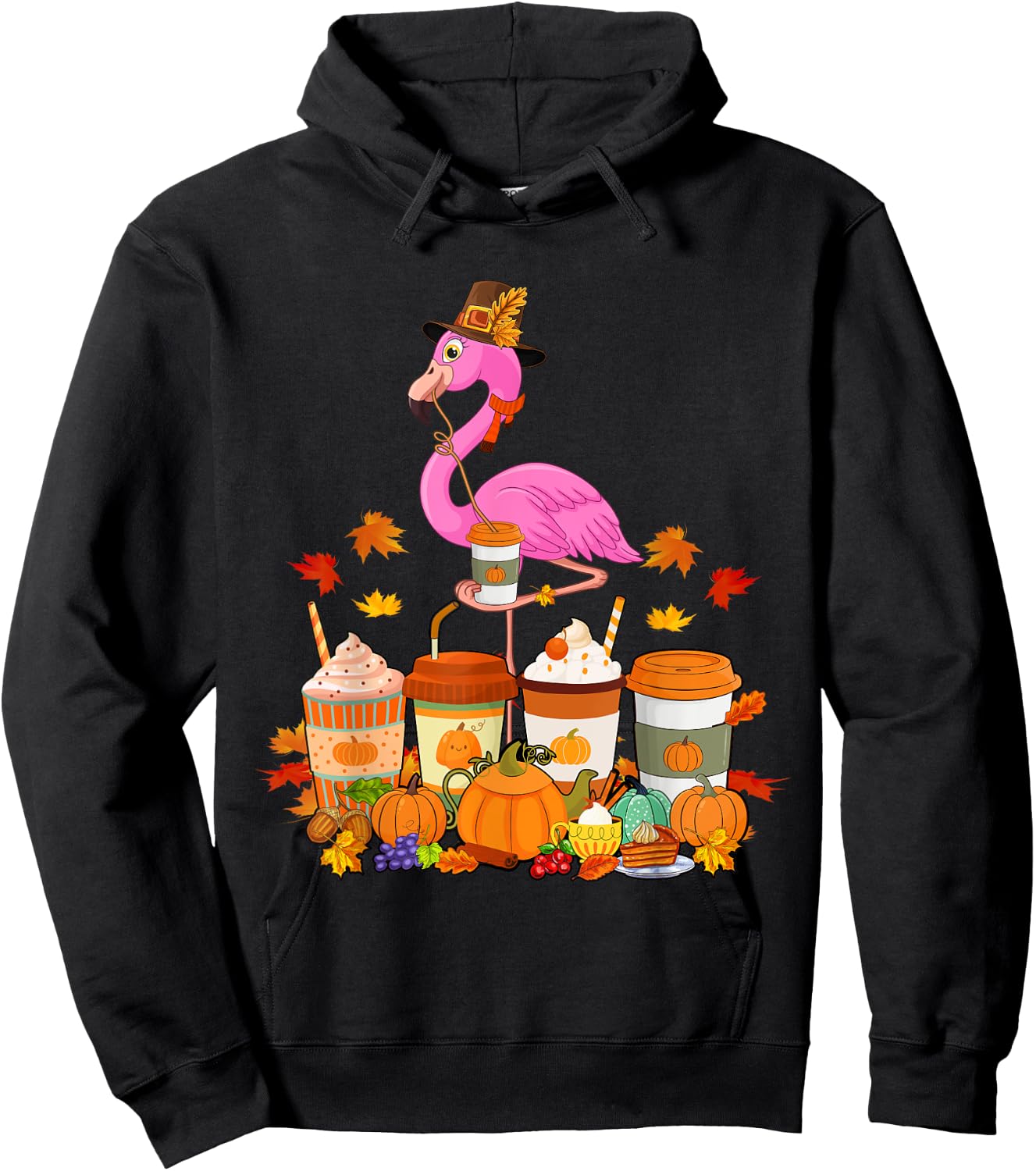 Thanksgiving Flamingo Wearing Hat Case Coffee Cups Lover Hoodie - Hoodie | Black