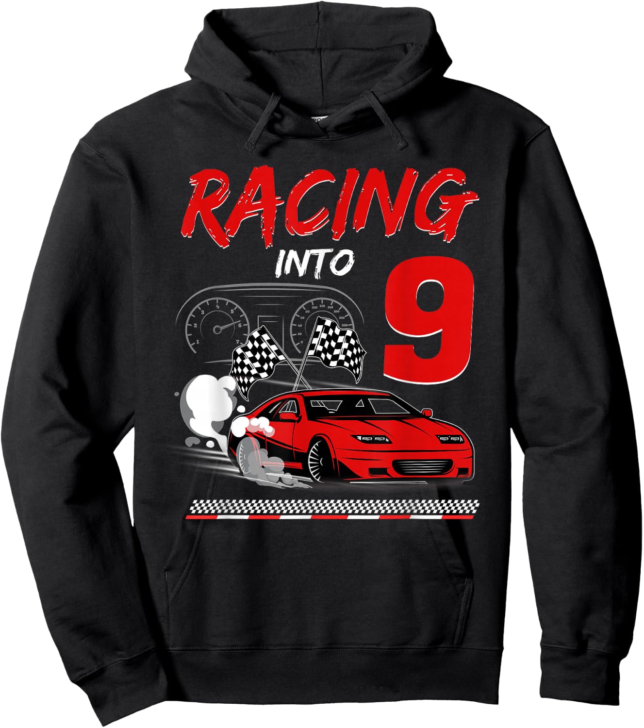 Racing into 9 Year Old Birthday Race Car 9th Boy Party Hoodie - Hoodie | Black