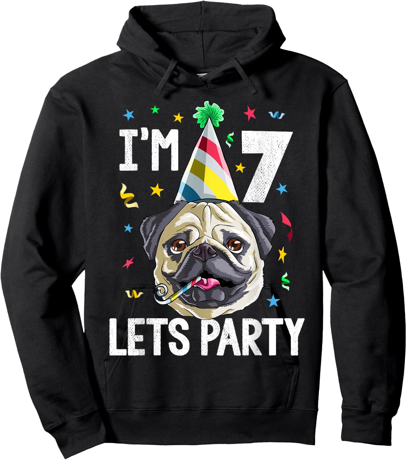 Pug Birthday 7th T Shirt Dog Kids Boys Girls Gift Party Hoodie - Hoodie | Black