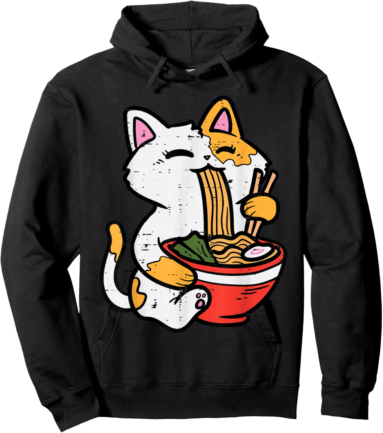 Cat Eating Ramen Cute Japanese Food Women Girls Kids Hoodie - Hoodie | Black