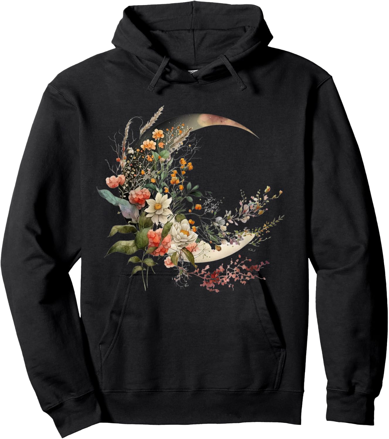 Floral Flower Crescent Moon Hoodie - Hoodie | Black