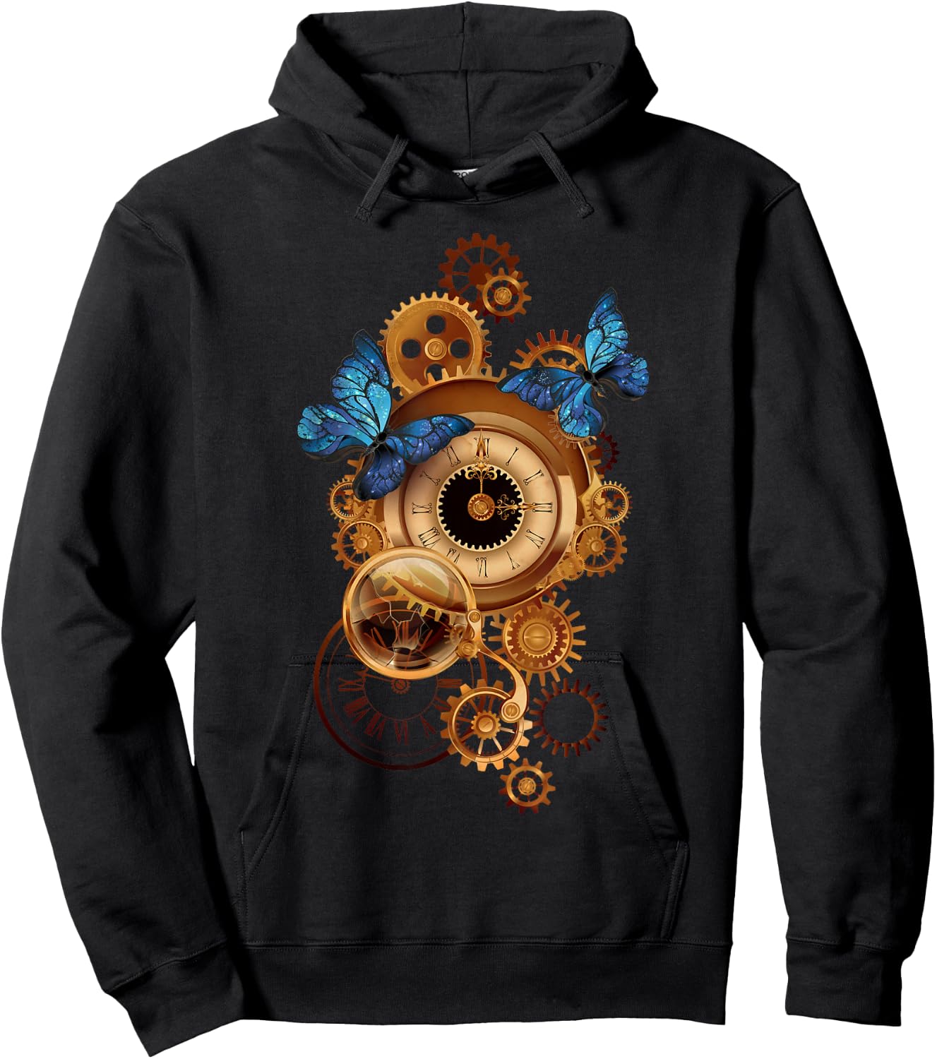 Steampunk Clock Gear and Butterflies Vintage Retro Aesthetic Hoodie - Hoodie | Black