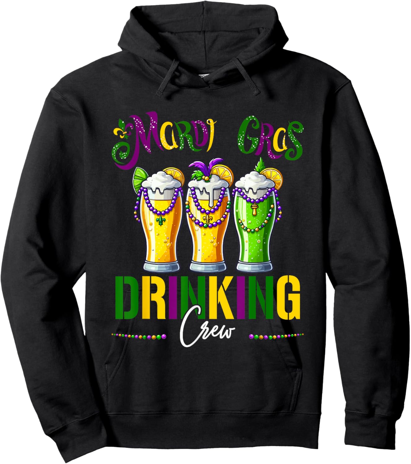 Mardi Gras Drinking Crew Three Glasses Of Beer Masked Beads Hoodie - Hoodie | Black