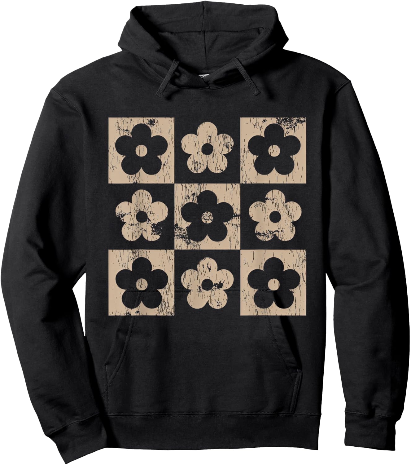 Neutral Checkerboard Daisy Flowers Retro Boho Floral Women Hoodie - Hoodie | Black
