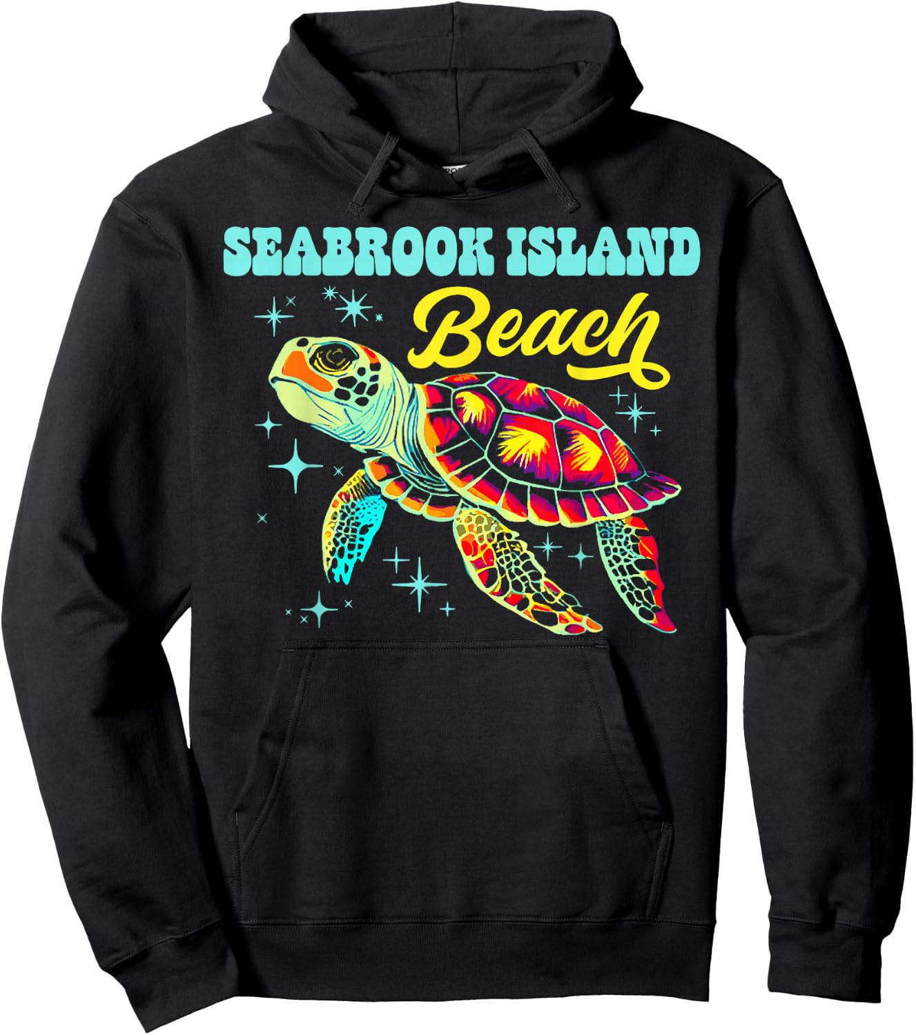 Seabrook Island Beach SC Artistic Sea Turtle Retro Hoodie - Hoodie | Black