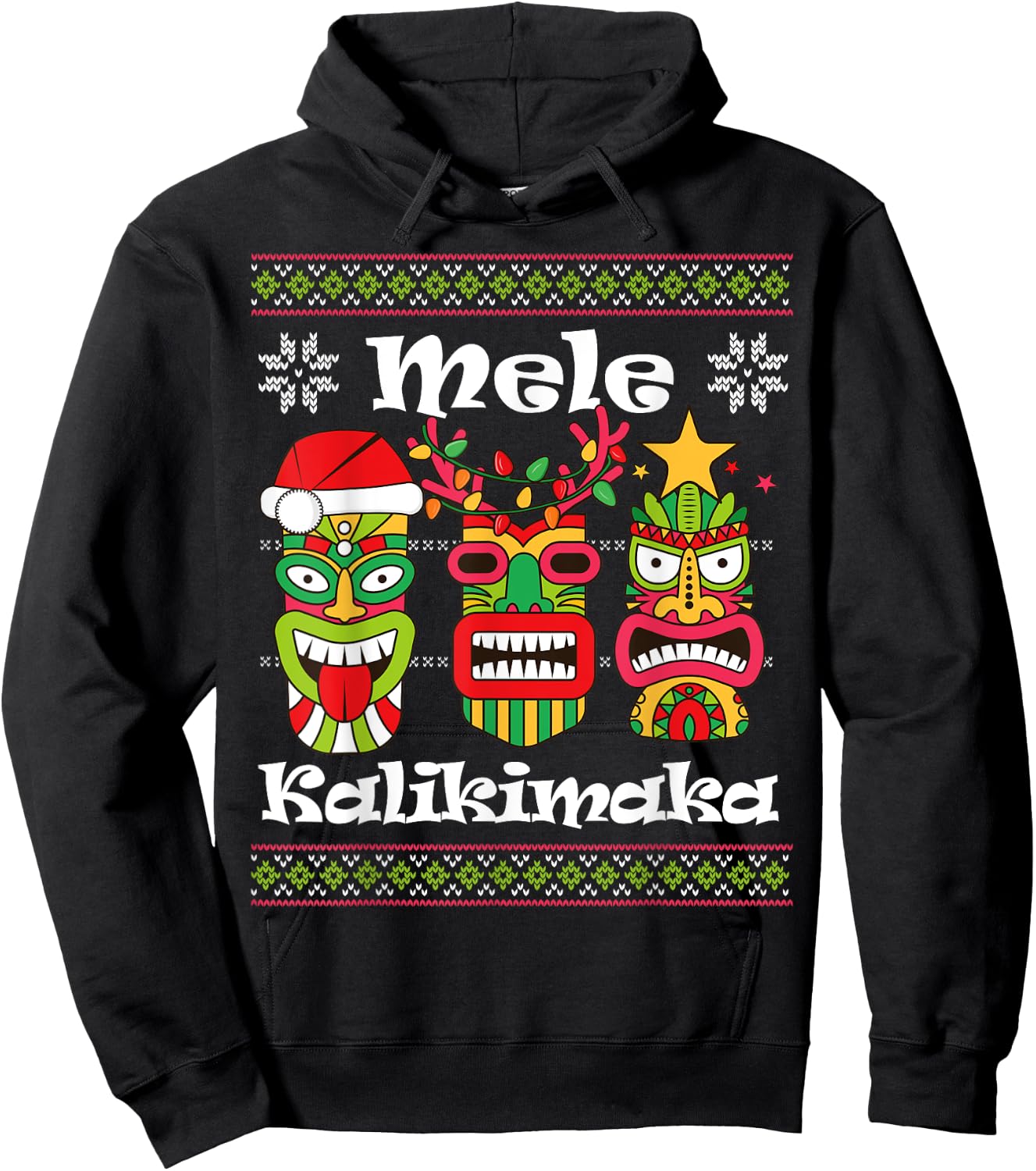 Mele Kalikimaka Christmas Hawaiian Santa Tiki Ugly Xmas Hoodie - Hoodie | Black