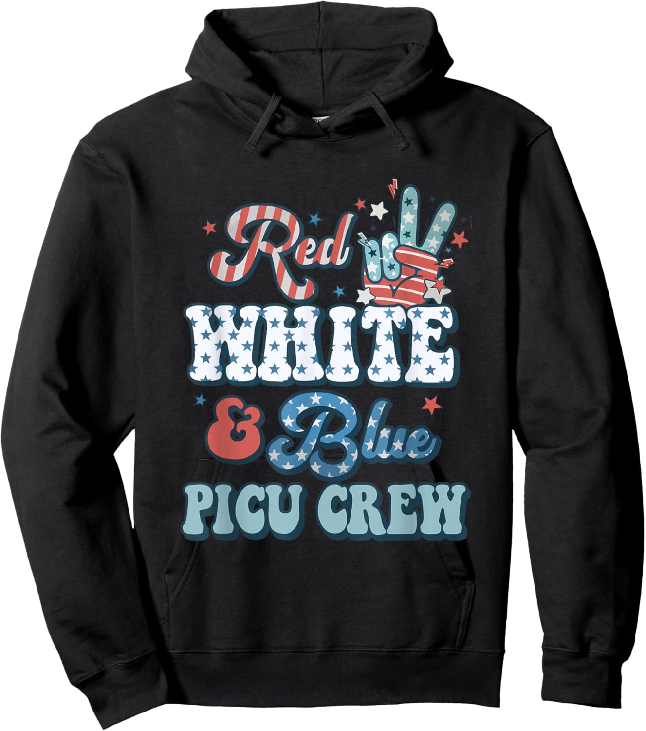 Retro Fourth Of July Vibes Red White Blue PICU Nurse Crew Hoodie - Hoodie | Black