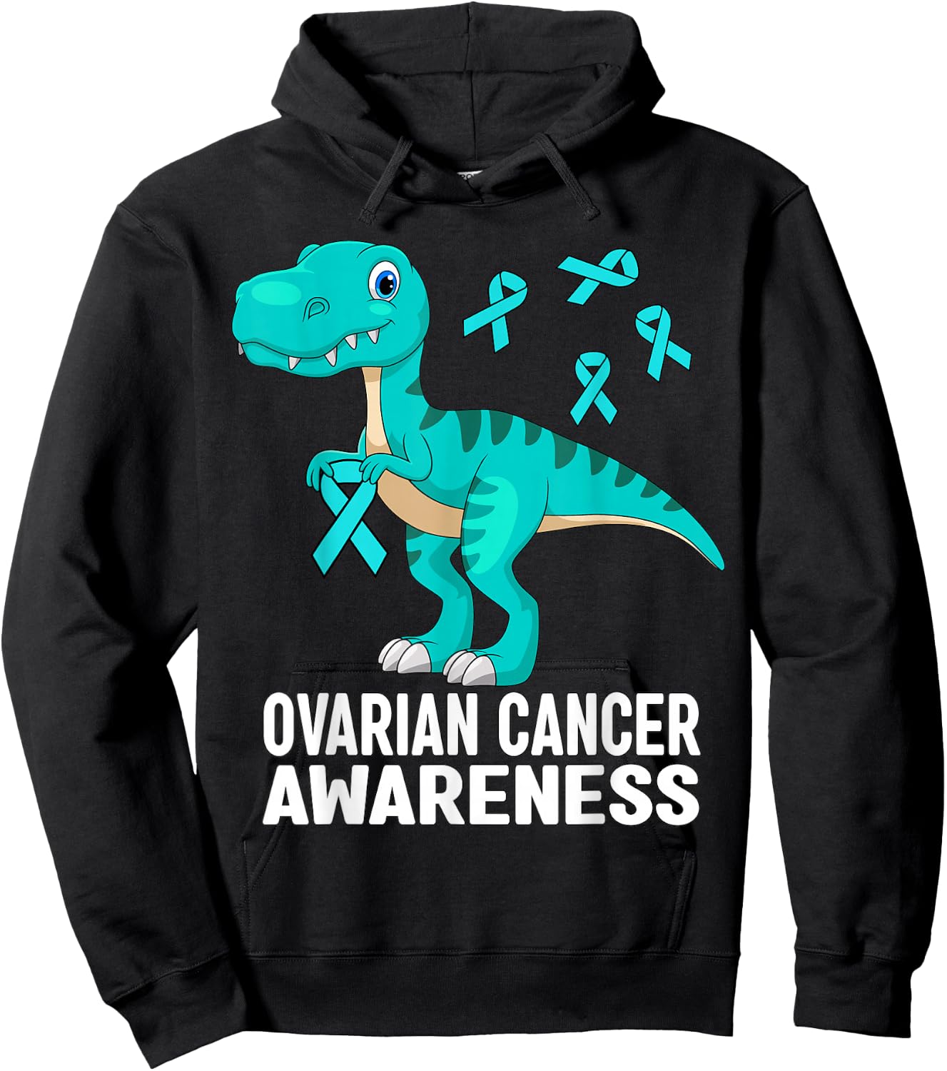 Ovarian Cancer Awareness Teal Ribbon Dinosaur Women Men Kids Hoodie - Hoodie | Black