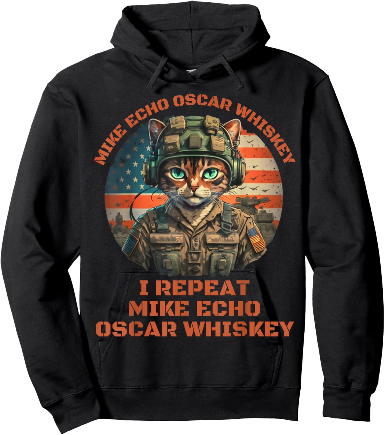 Funny Cat Military Mike Echo Oscar Foxtrot MEOW Hoodie - Hoodie | Black