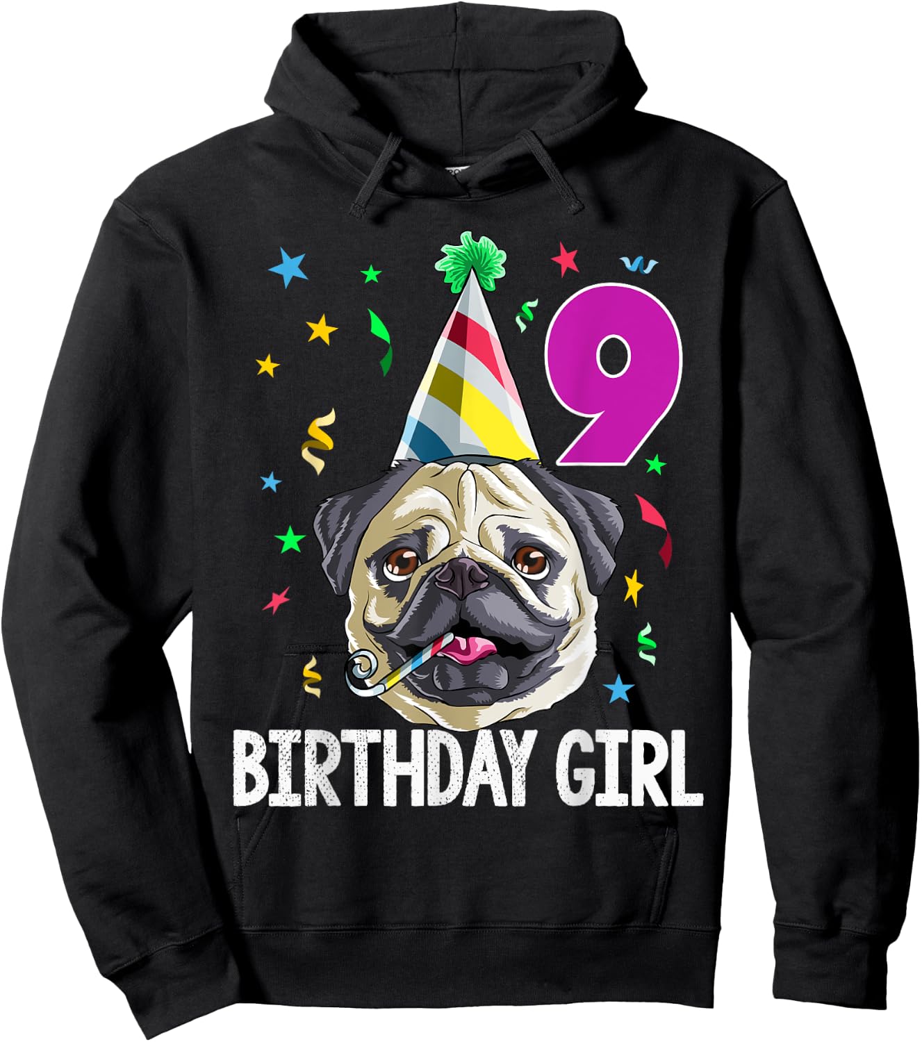 Pug Birthday Girl 9th 9 T Shirt Kids Girls Gift Party Hoodie - Hoodie | Black
