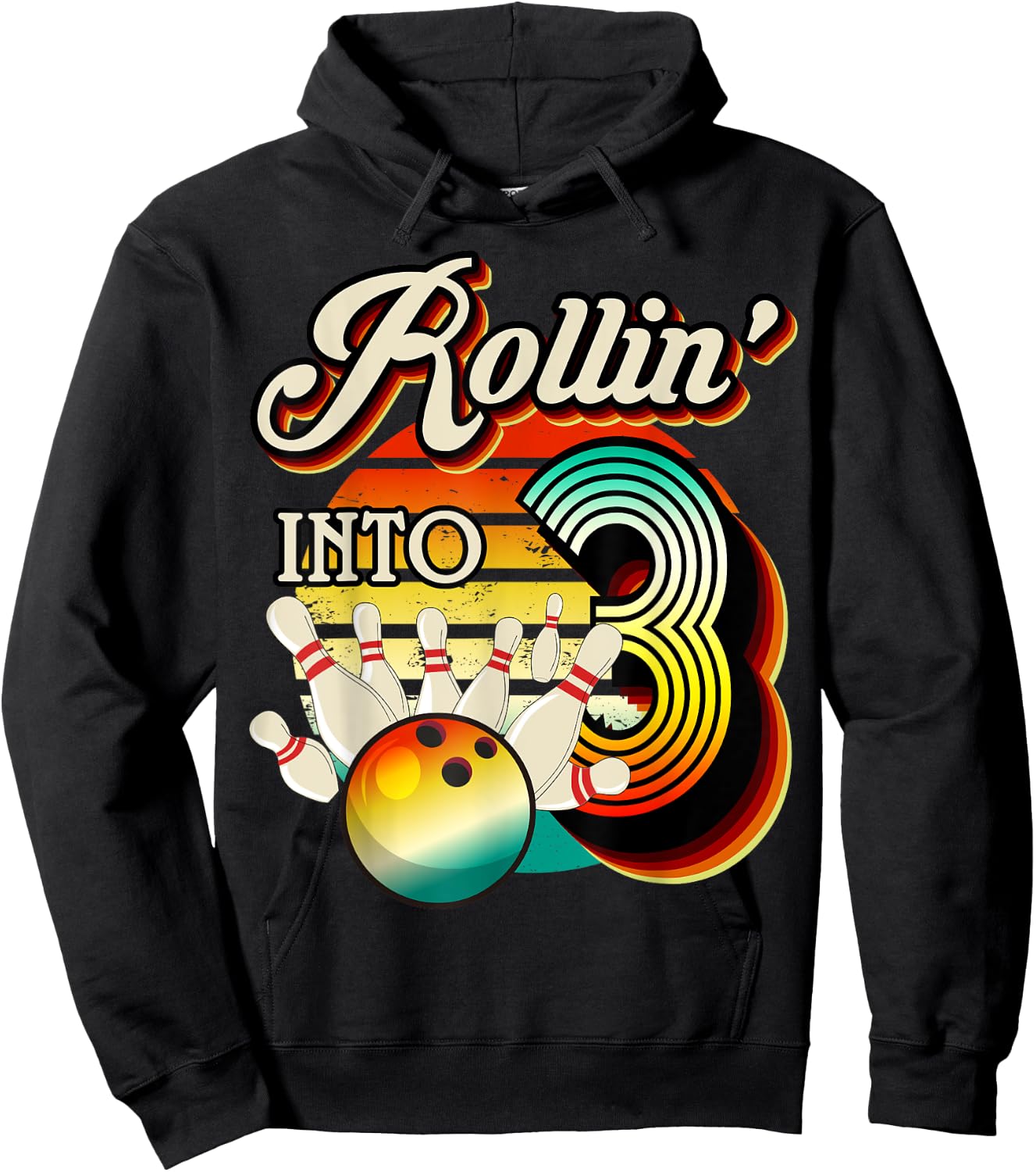 Rollin into Bowling 3 Year Old Retro Birthday 3rd Bday Party Hoodie - Hoodie | Black