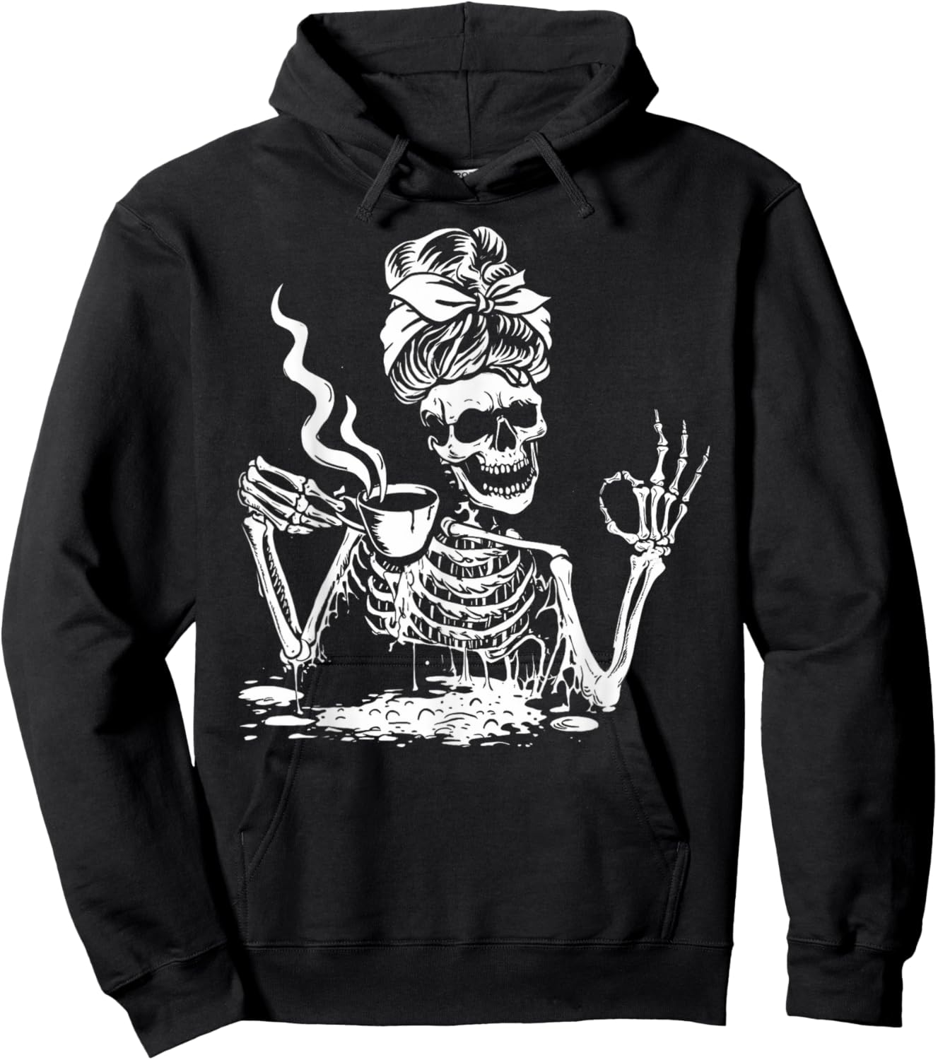 Skeleton Drinking Coffee Messy Bun Women Halloween Skeleton Hoodie - Hoodie | Black