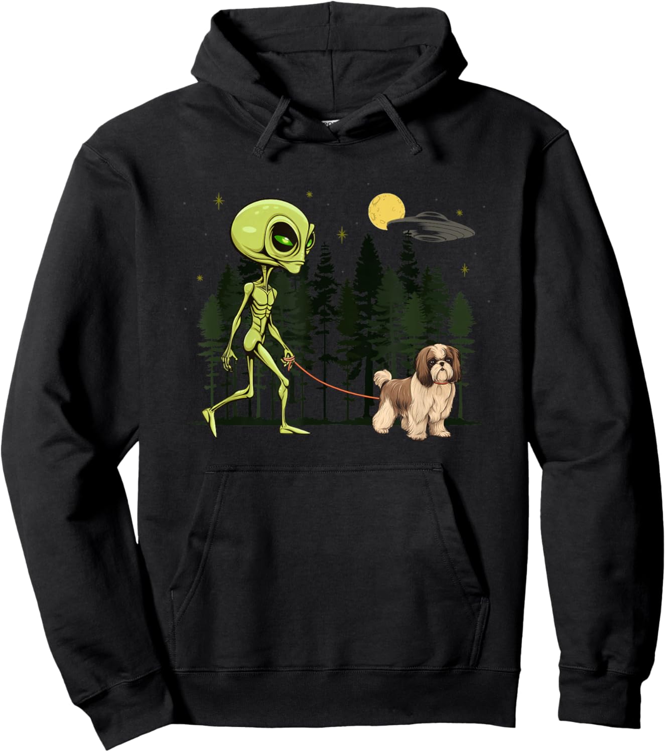 Funny Shih Tzu Alien Walking UFO Pet Dog Mom Dad Hoodie - Hoodie | Black