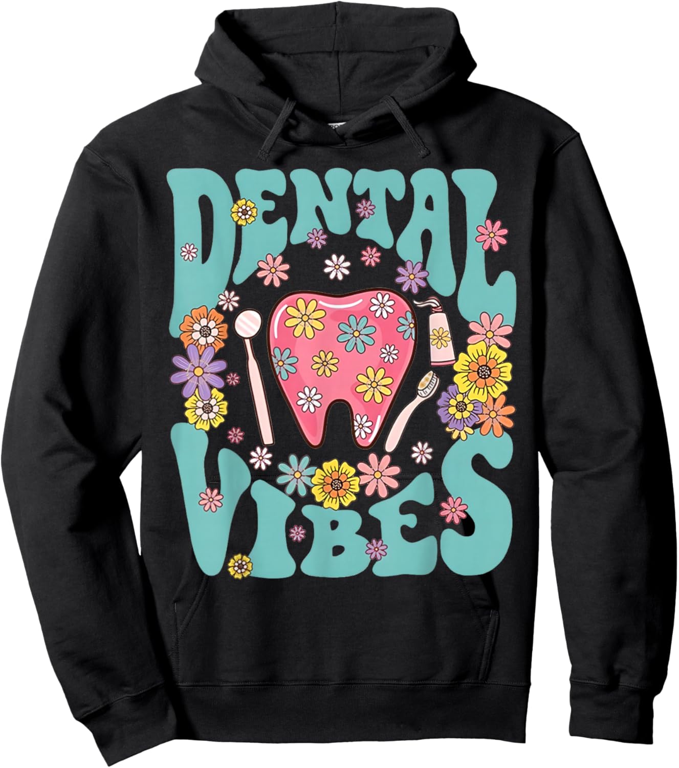Retro Groovy Dental Vibes Funny Dentist Hygienist Men Women Hoodie - Hoodie | Black