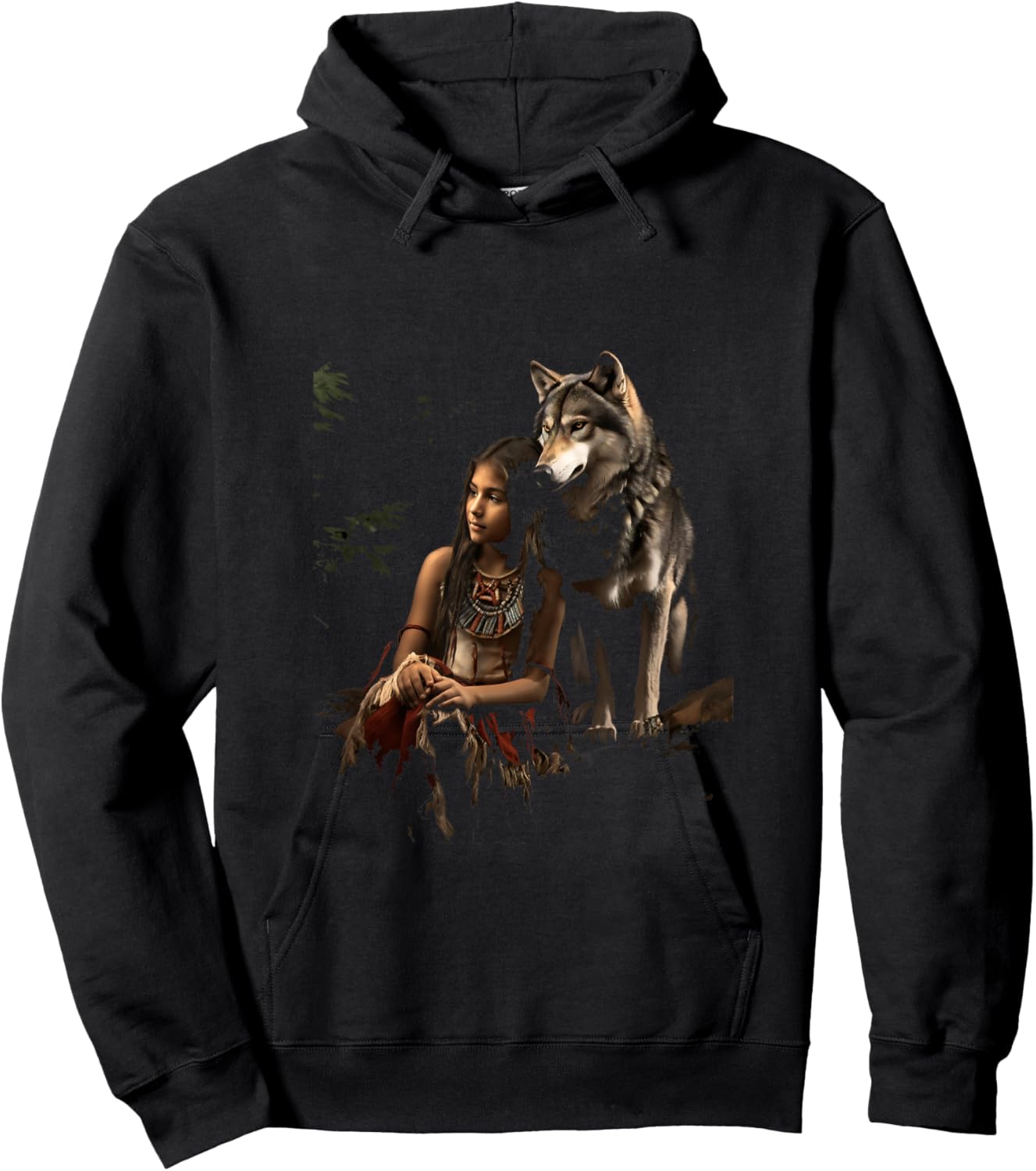 Wolf and Indian Woman Girl Indigenous Ethnic Indians Hoodie - Hoodie | Black