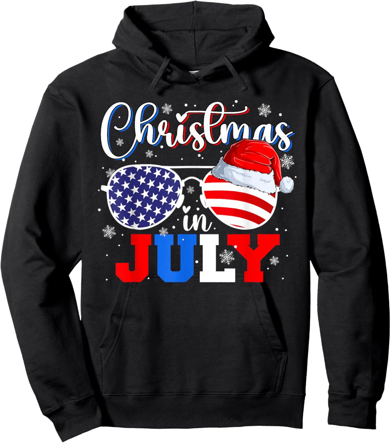 Christmas in July Santa Hat Sunglasses USA Flag 4th of July Hoodie - Hoodie | Black