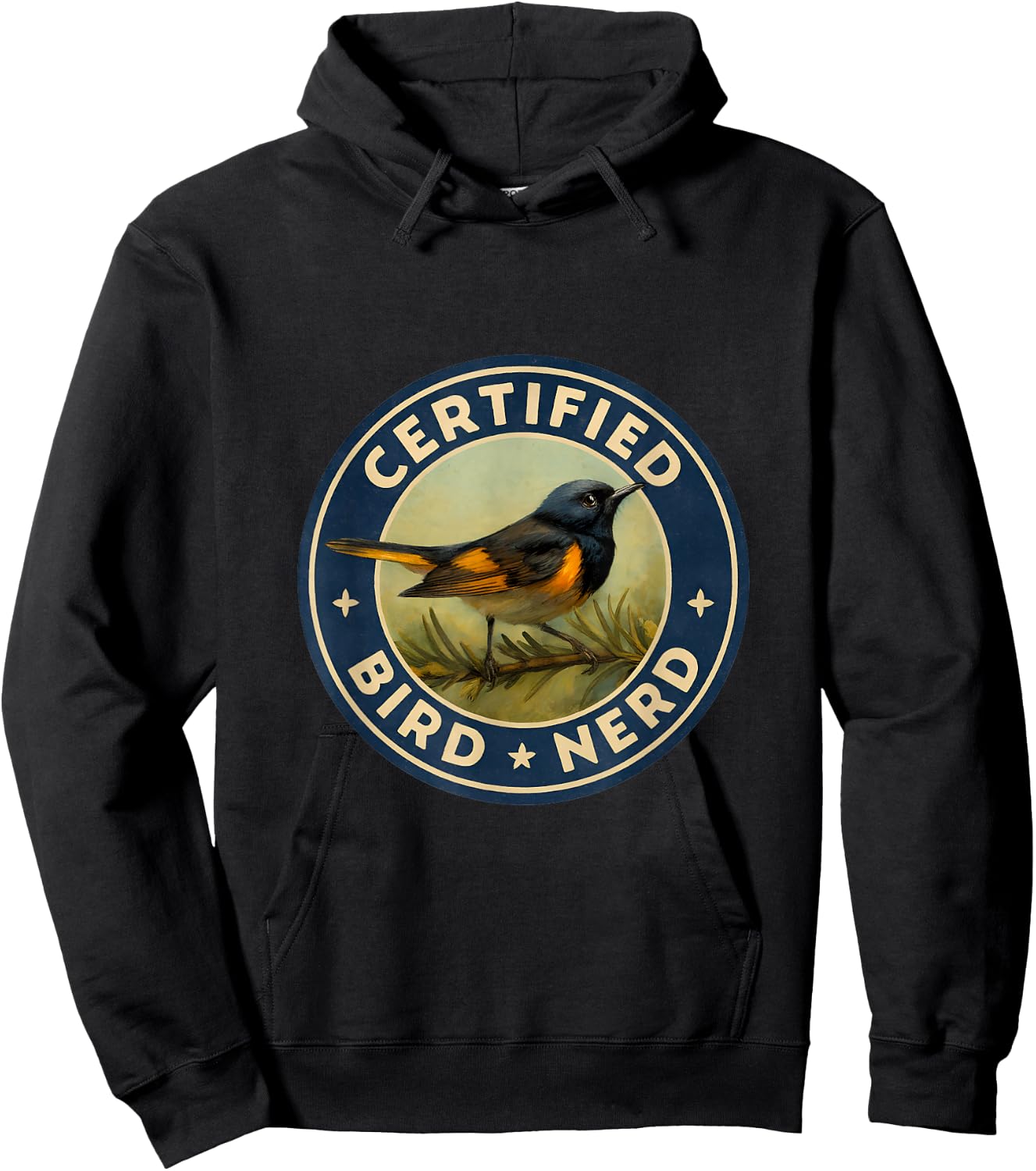 Certified Bird Nerd – American Redstart Vintage Badge Hoodie - Hoodie | Black