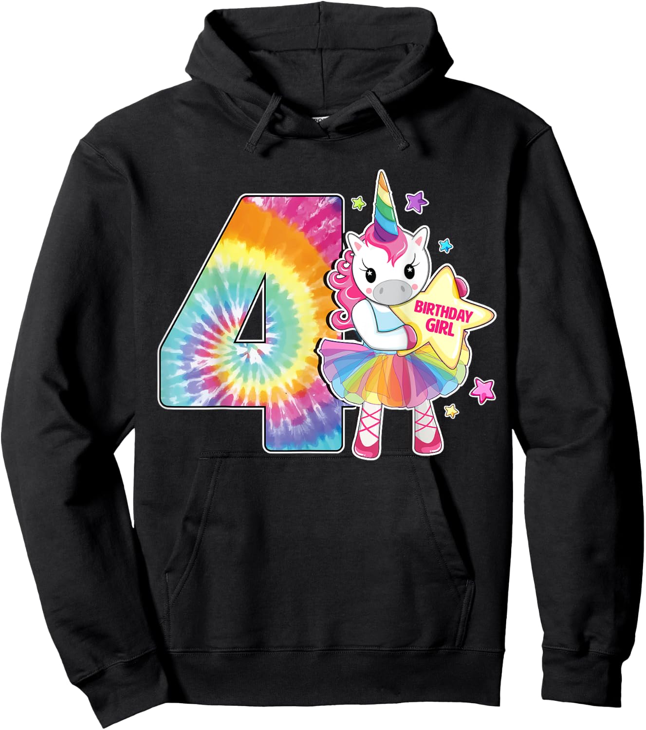 4th Birthday Unicorn Shirt Gift Girls Age 4 Tie Dye Hoodie - Hoodie | Black