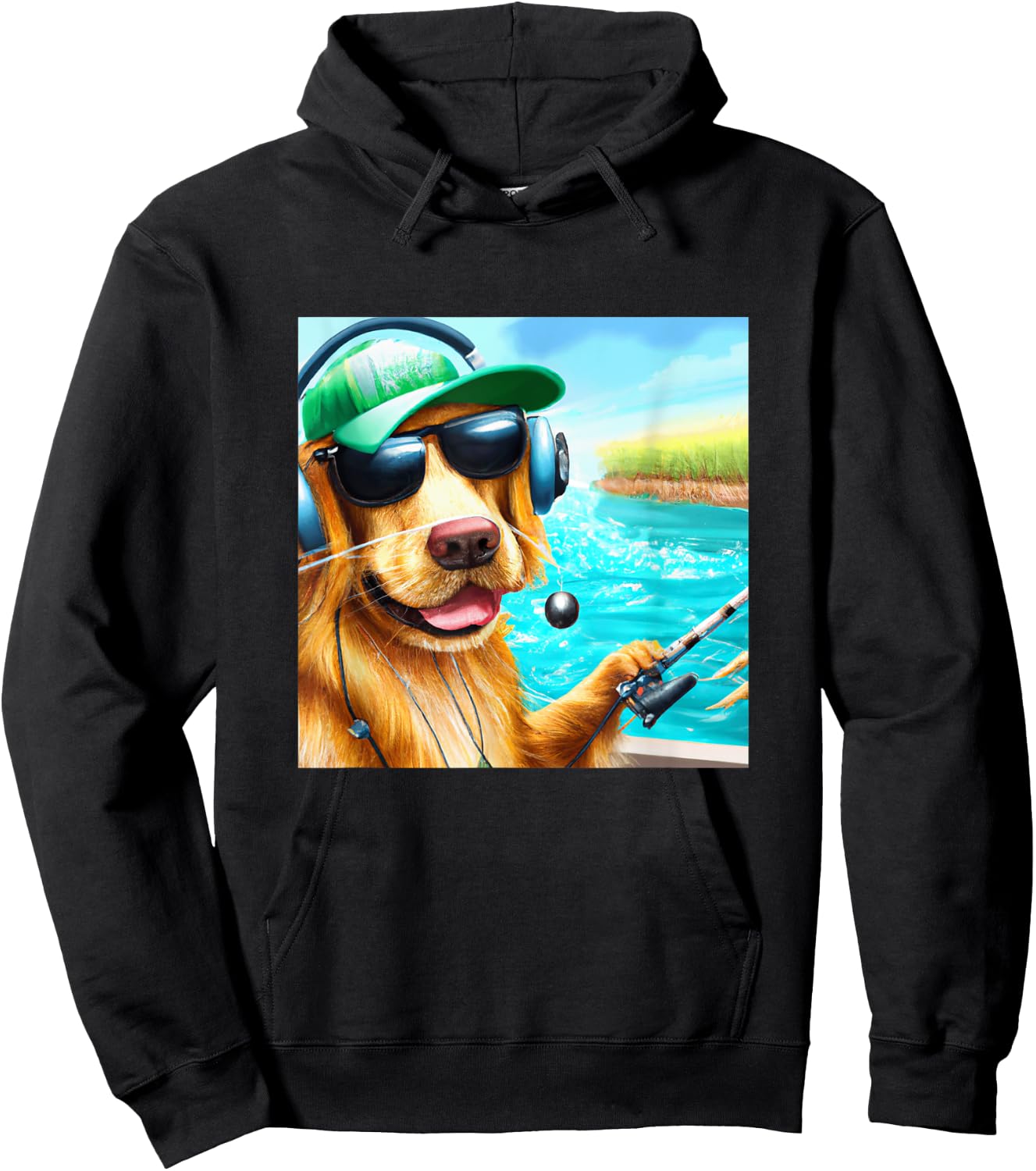 Fishing Shirt Men Boys Dad Kids Gift Golden Retriever Dog Hoodie - Hoodie | Black