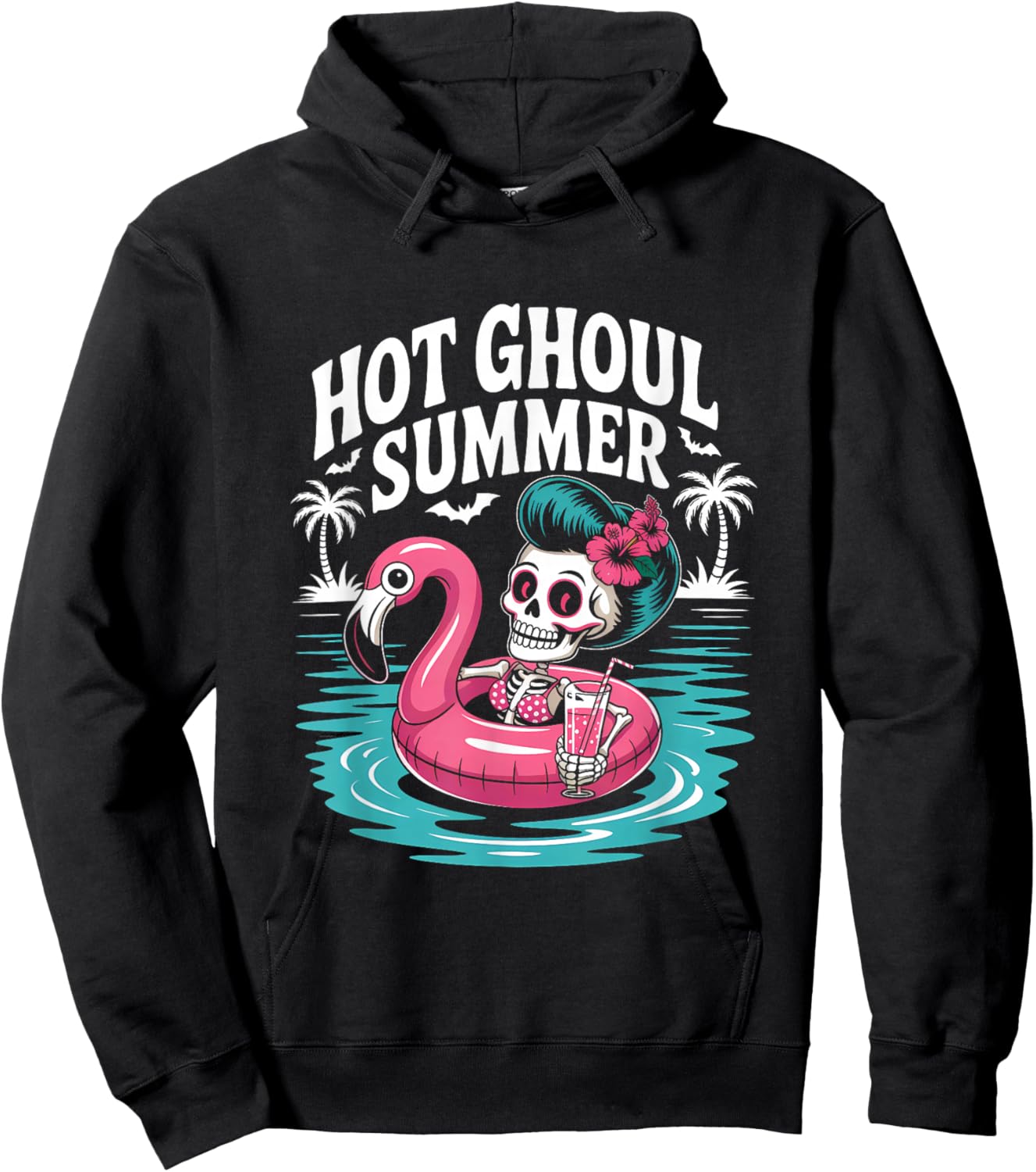 Hot Ghoul Summer Funny Cute Skeleton Flamingo Pool Party Hoodie - Hoodie | Black