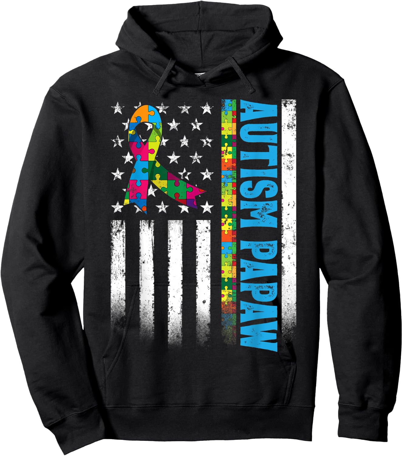 Retro American Flag Autism Papaw Awareness Autistic Hoodie - Hoodie | Black
