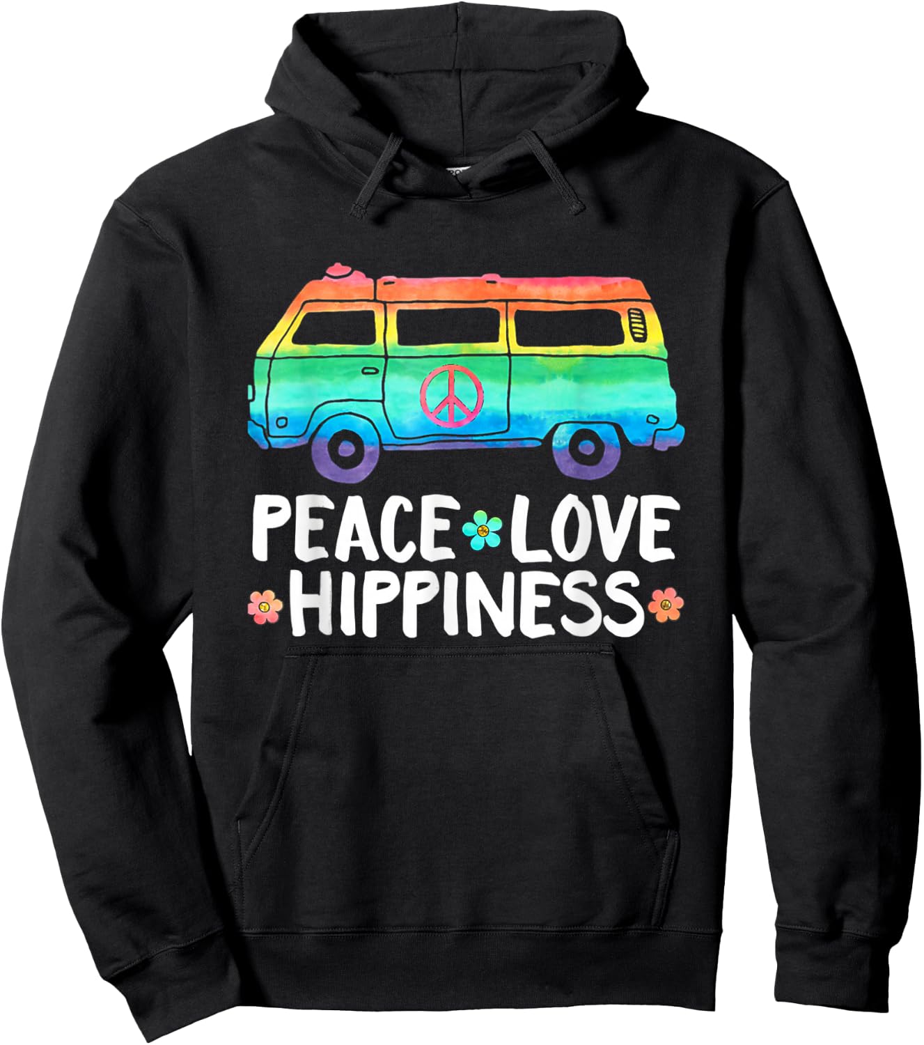 Peace Love Hippiness Rainbow Peace Symbol Flowers Hoodie - Hoodie | Black