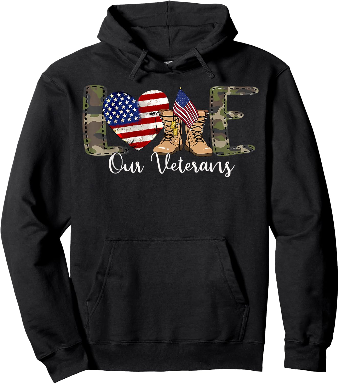 Love Our Veterans Day Proud Military American Flag Hoodie - Hoodie | Black