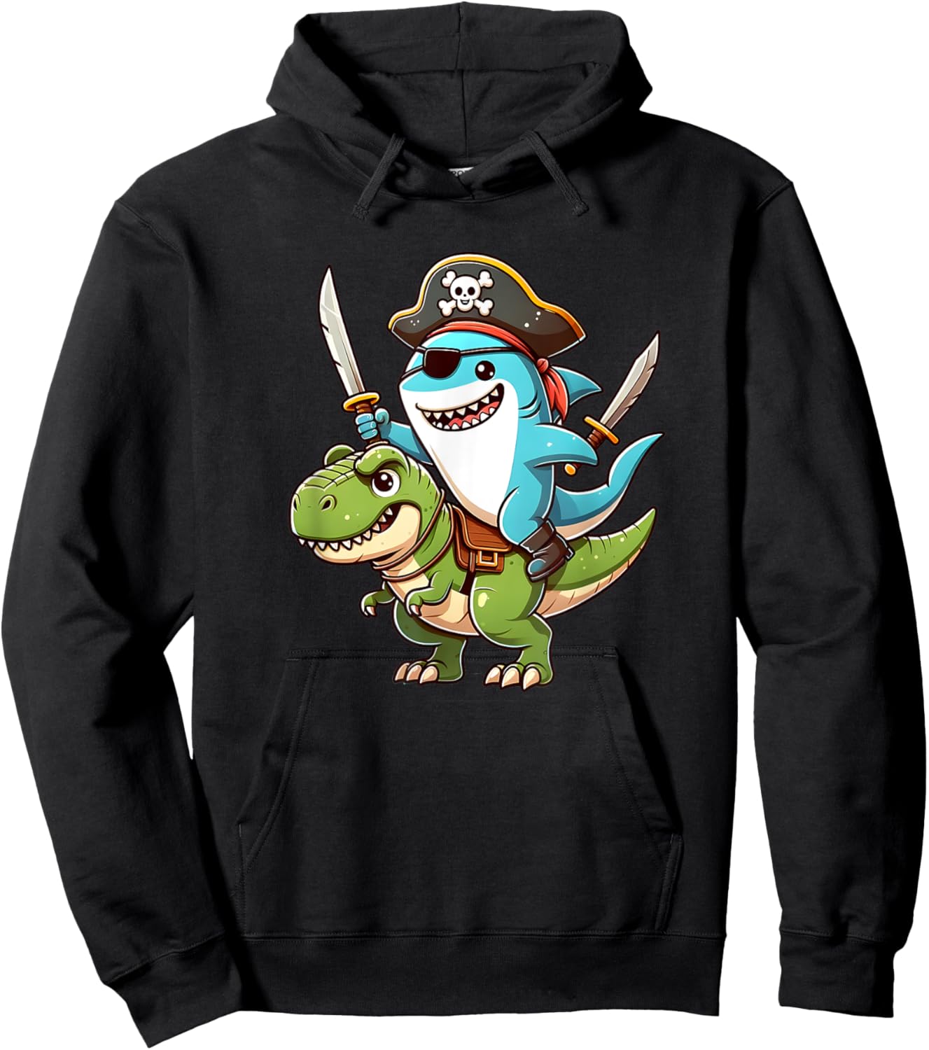 Funny shark ride T Rex in a Pirate Costume Hoodie - Hoodie | Black