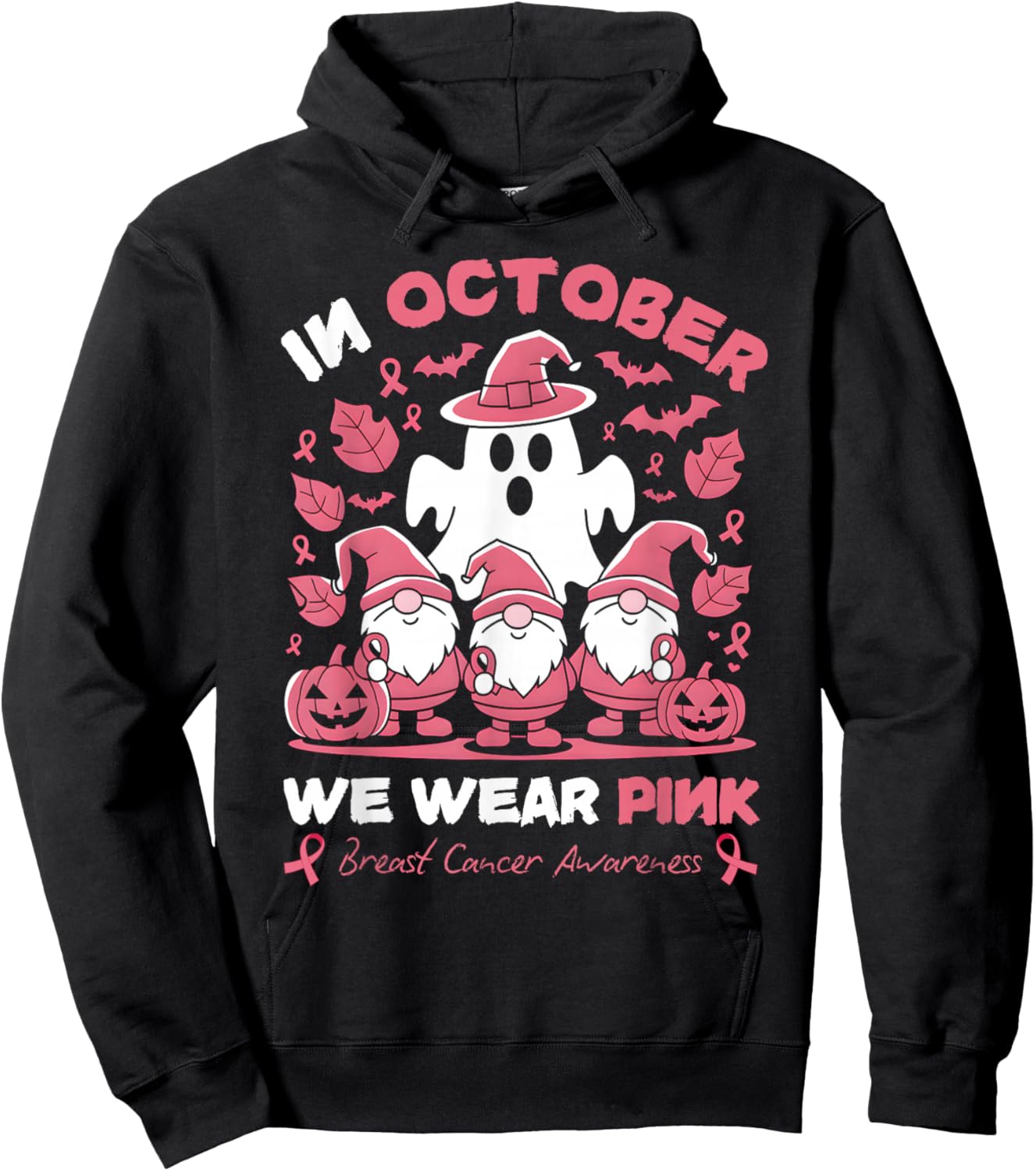 In October We Wear Pink Gnomes Ghost Breast Cancer Awareness Hoodie - Hoodie | Black